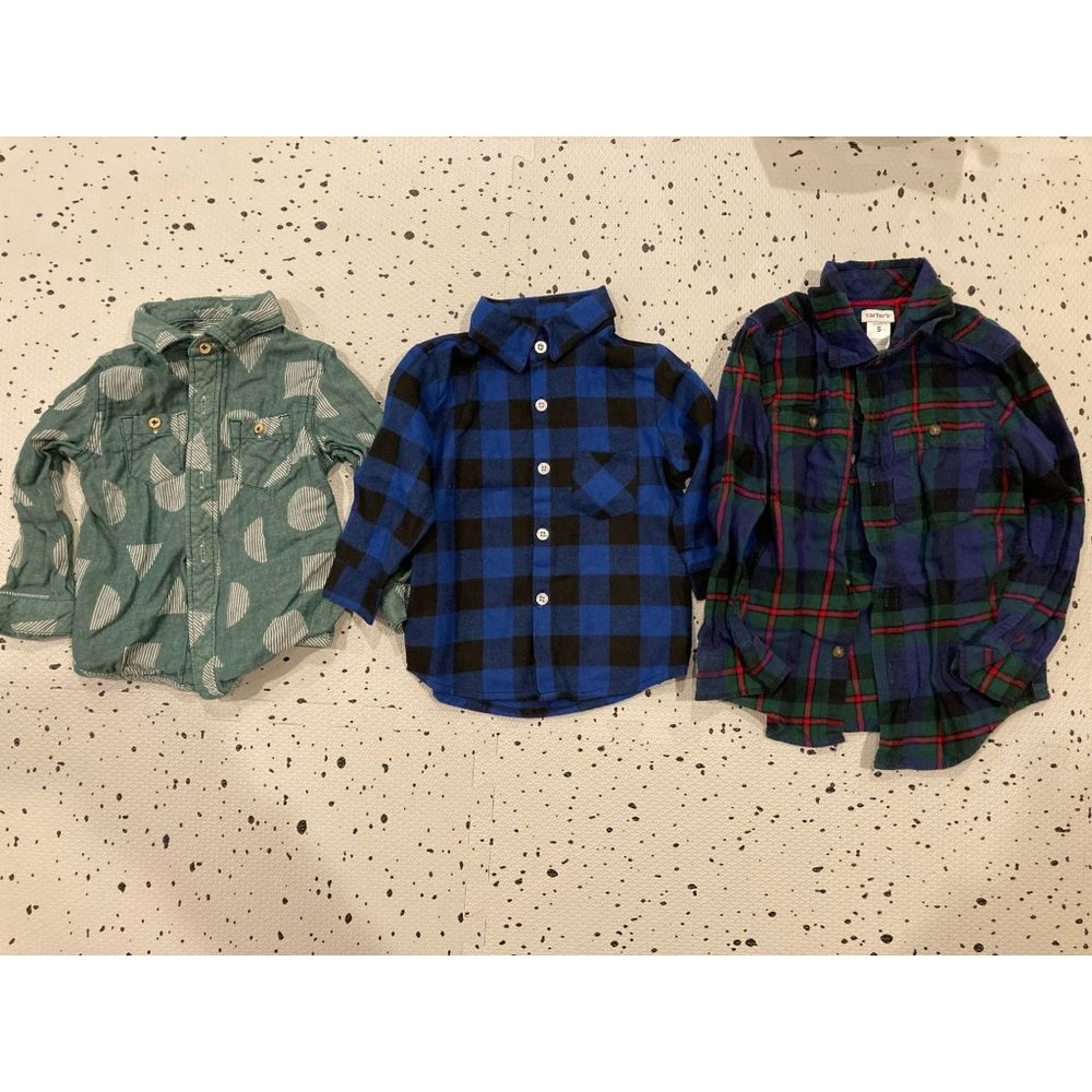 Lot of 3 Boys Button Down Long Sleeved Shirts, Various Sizes (2T, 80, 5), Carter